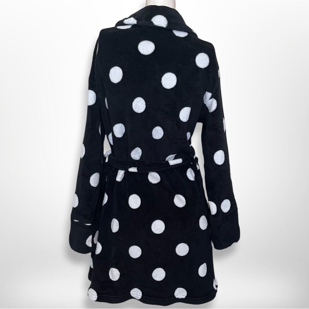 PINK Victoria’s Secret Black/White Polka Dot Plush Fleece Belted Mini Robe M/L - Picture 4 of 7